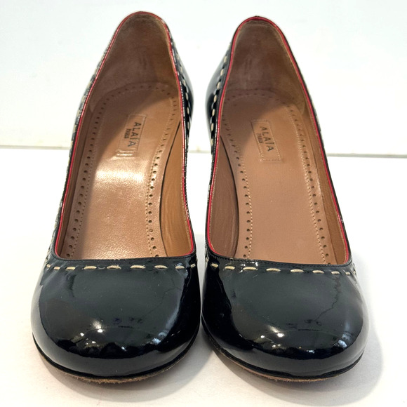 Alaia Black Patent Leather Pumps High Heels White Stitching Red Trim Size 36.5 - Picture 10 of 16